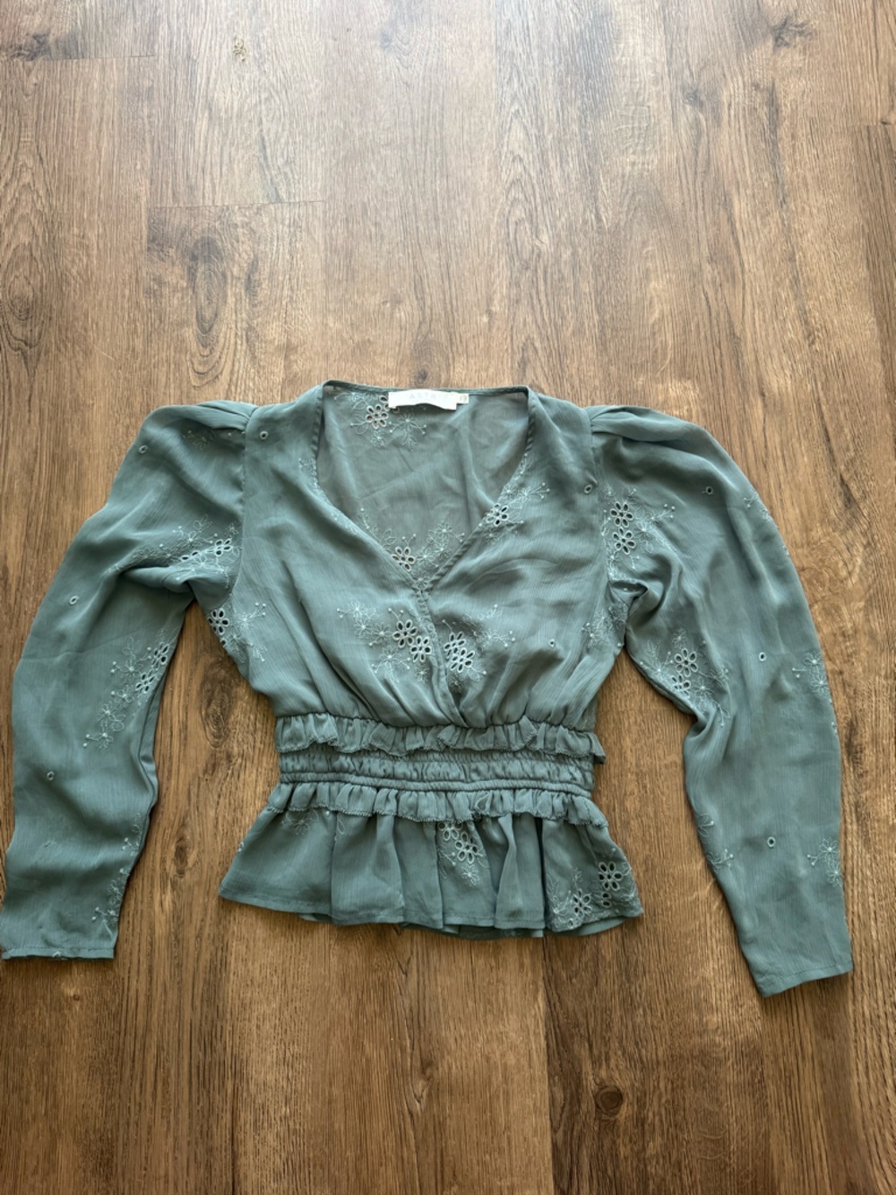 Astr Dusty Blue Embroidered Smocked Peplum Blouse